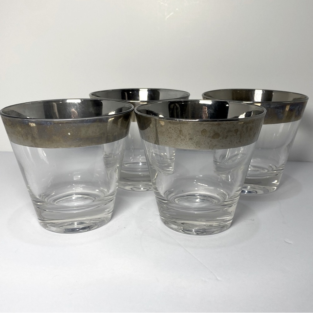 VTG Dorothy Thorpe Silver Rimmed Lowball Glasses Set of 4 MCM Whiskey Barware